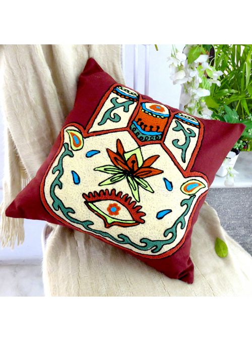 Hamsa Embroidered Decorative Cotton Square Cushion Cover 18” X 18”