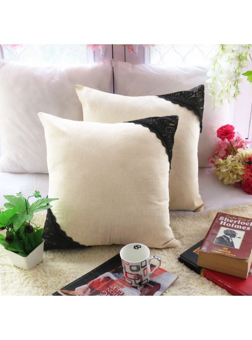 Beige Cotton Crochet/Lace Pattern Square Cushion Cover