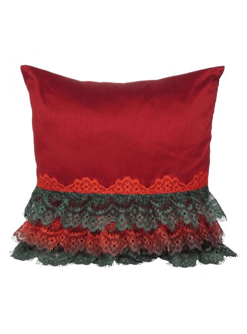 Lace PolyDupion Red Frills Ruffle Cushion Cover 16X16 Set Of 2