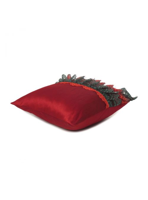 Lace PolyDupion Red Frills Ruffle Cushion Cover 16X16 Set Of 2
