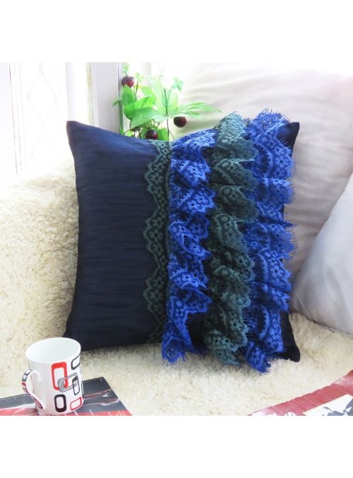 Blue Handmade Polydupion Frills & Ruffle Cushion Cover
