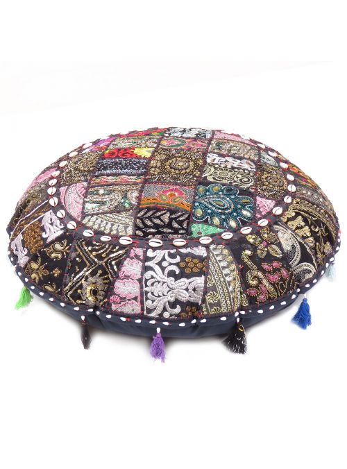 Ethnic Patchwork Indian Floor Cushion Cover Round Boho Ottoman Pouf for Home Decor- 22