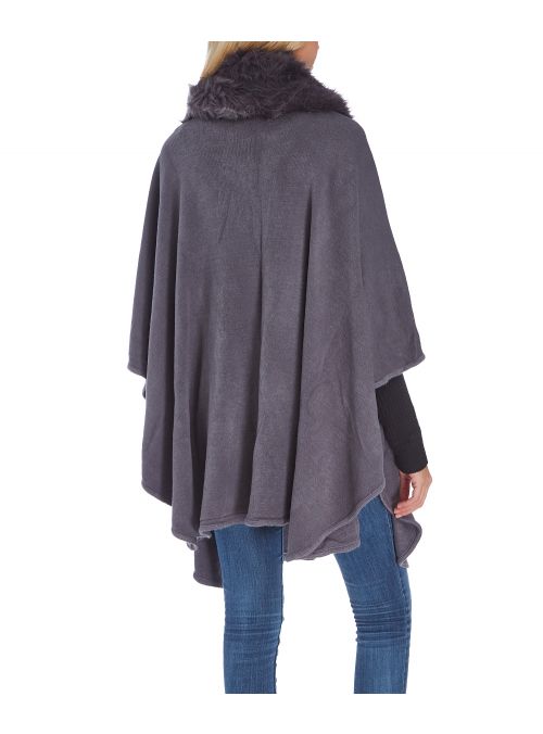 Gray Faux Fur Trim Solid Shawl Wrap For Women Winter Wear Poncho Cardigan