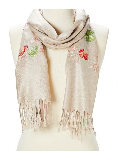 Khaki Soft and Luxurious Acrylic Floral Embroidered Women Scarf
