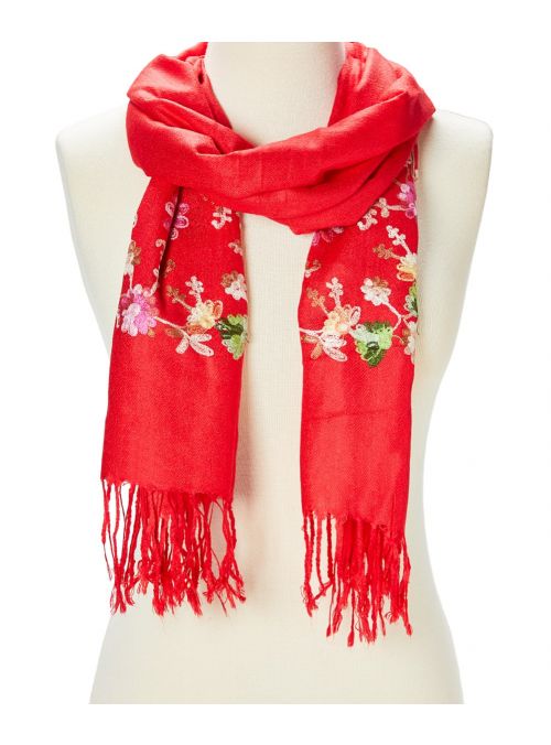 Red Soft and Luxurious Acrylic Floral Embroidered Women Scarf