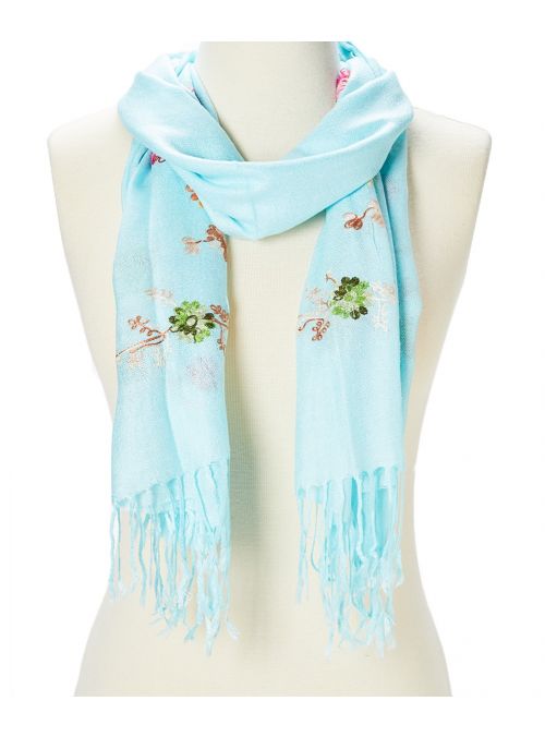 Sky Blue Soft and Luxurious Acrylic Floral Embroidered Women Scarf