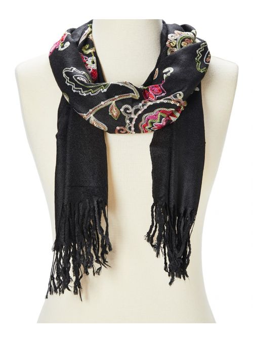 Black Soft Acrylic Paisley Lightweight Embroidered Summer Women Scarf
