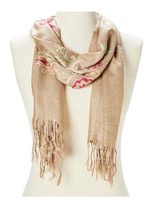 Khaki Soft Acrylic Paisley Lightweight Embroidered Summer Women Scarf