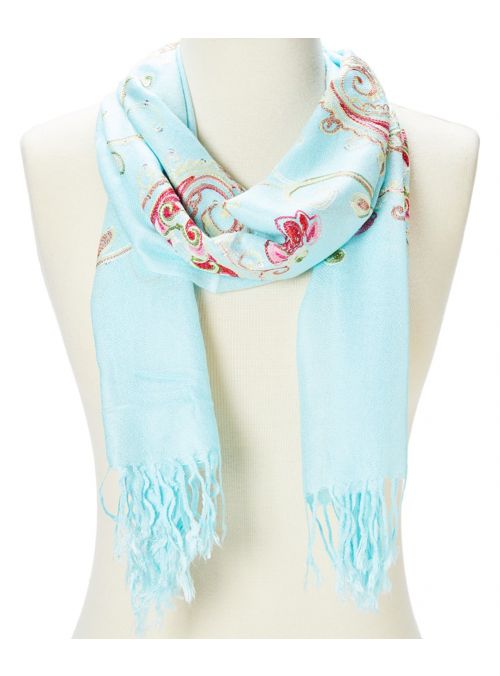 Sky Blue Soft Acrylic Paisley Lightweight Embroidered Summer Women Scarf