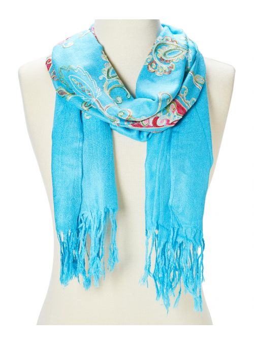 Turquoise Soft Acrylic Paisley Lightweight Embroidered Summer Women Scarf