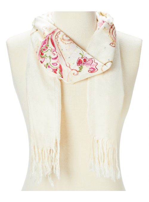 White Soft Acrylic Paisley Lightweight Embroidered Summer Women Scarf