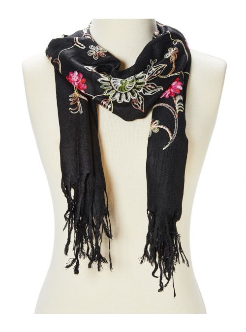 Black Fashion Acrylic Floral Embroidered Cozy Women Scarf