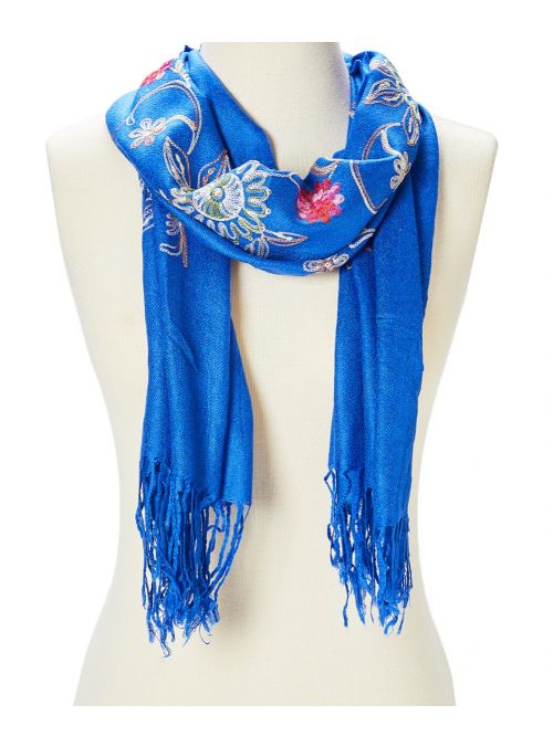 Royal Blue Fashion Acrylic Floral Embroidered Cozy Women Scarf