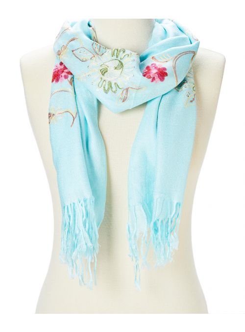 Sky Blue Fashion Acrylic Floral Embroidered Cozy Women Scarf