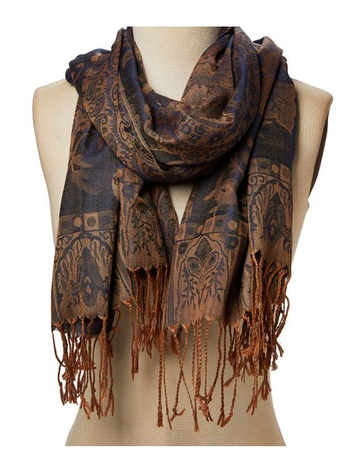 Navy Blue Women Acrylic Jacquard Floral Paisley Fringe Trim Fashion Scarf