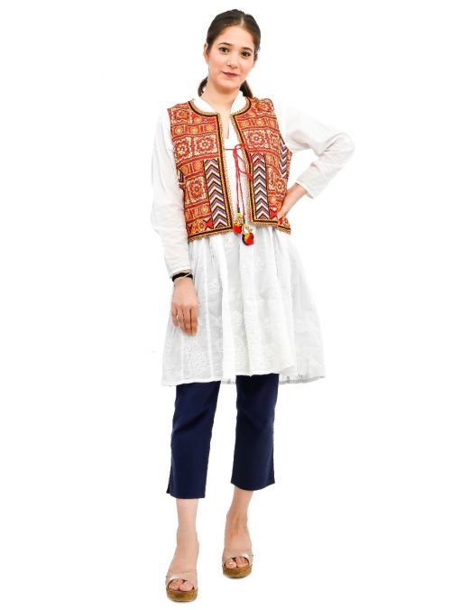 Women Red Waistcoat Kutch Sleeveless Outwear Embroidered Jacket