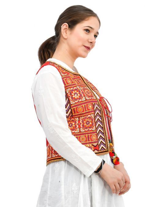 Women Red Waistcoat Kutch Sleeveless Outwear Embroidered Jacket
