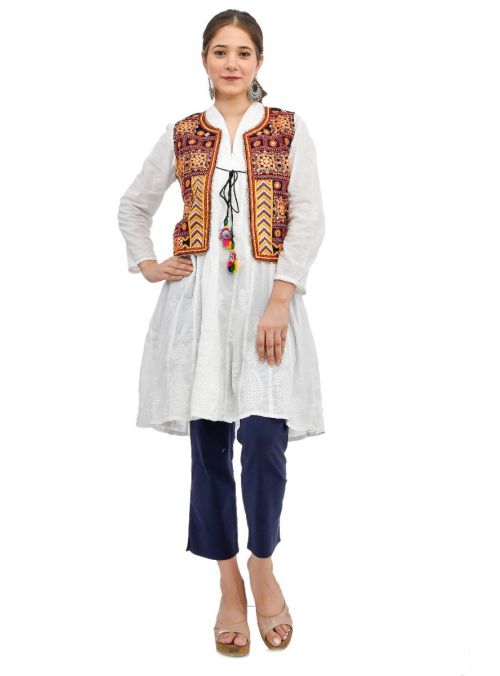 Multicolor Indian Traditional Embroidered Handmade Cotton Jacket Koti For Women