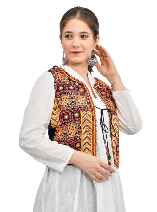 Multicolor Indian Traditional Embroidered Handmade Cotton Jacket Koti For Women