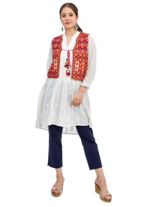 Women Red Cotton Kutch Gujarati Hand Embroidered Jacket Koti