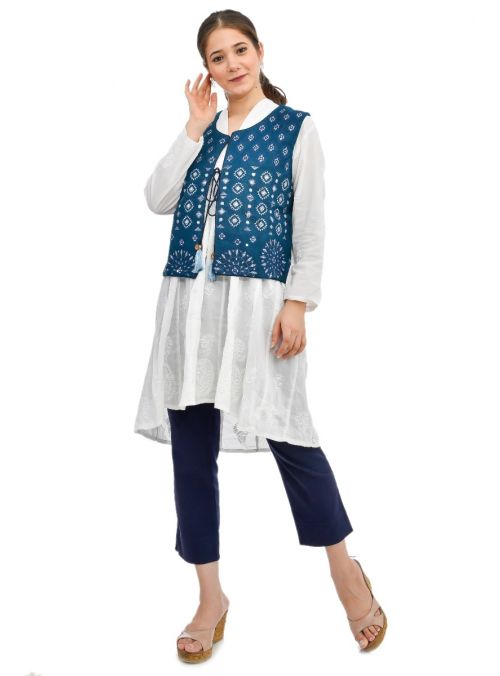 Blue Indian Handmade Cotton Embroidered Jackets For Women Girls Fashion