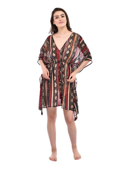 Red Digital Print Tassel Tie-Up Polyester Summer Swimwear Cover up for Women