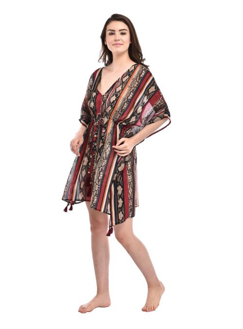 Red Digital Print Tassel Tie-Up Polyester Summer Swimwear Cover up for Women