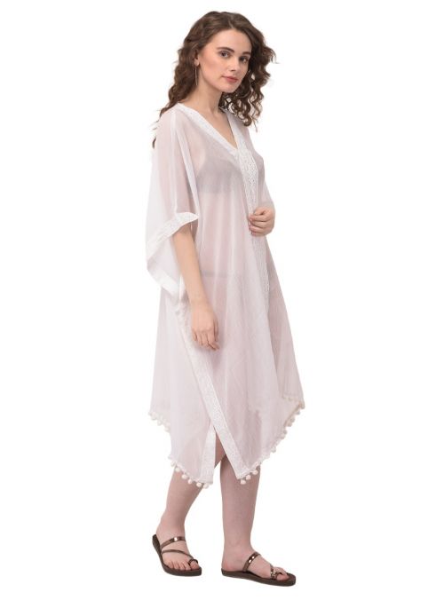 Women White Summer Beach Cover-Up Solid V-Neck Summer Bikini Swimwear Dress