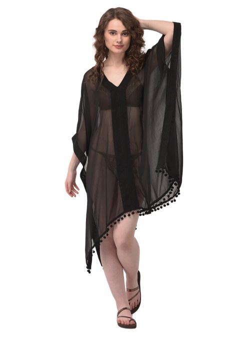 Women Black Summer Beach Cover-Up Solid V-Neck Summer Bikini Swimwear Dress