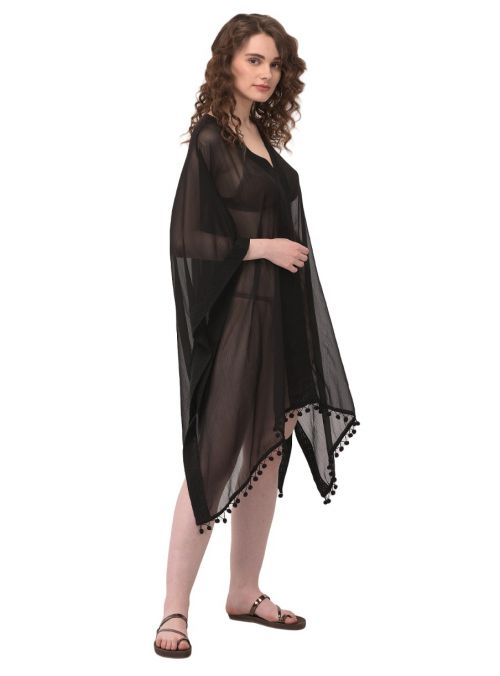 Women Black Summer Beach Cover-Up Solid V-Neck Summer Bikini Swimwear Dress