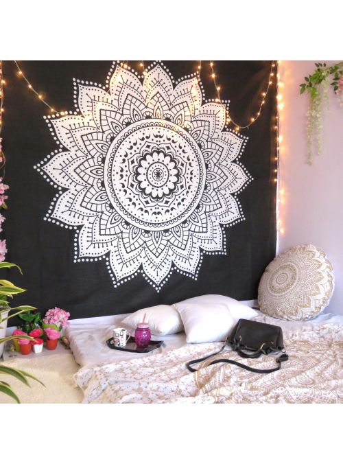 Black White Sunflower Ombre Mandala Tapestry Wall Hanging Indian Online