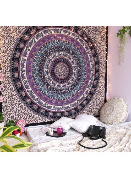 Black Colored Queen Size Wall Art Hippie Tapestries Mandala Round Tapestry Online