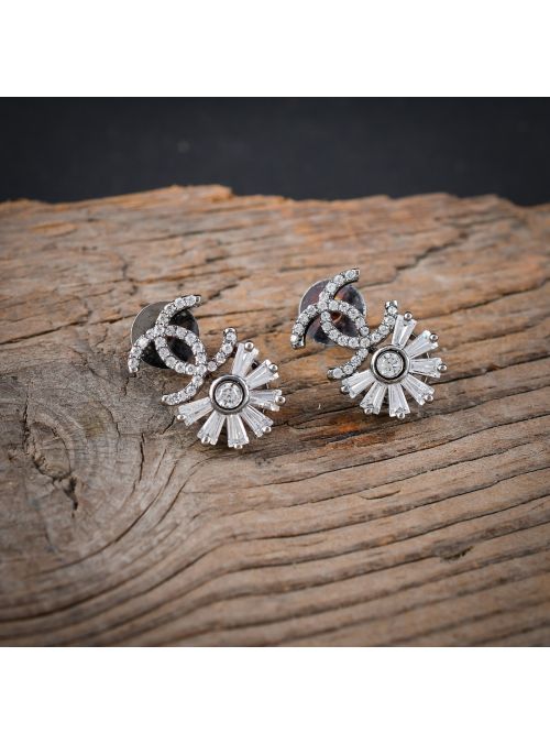 Indian Handmade White Cubic Zirconia Floral Baguette Stud Earring for Women