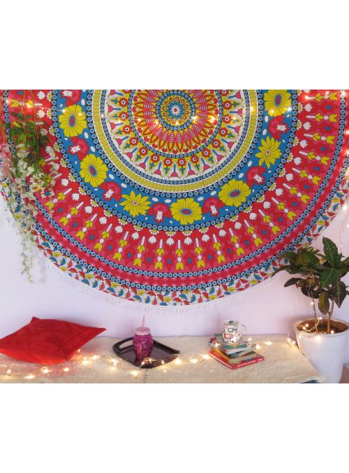 Floral Printed Bohemian Mandala Roundie Picnic Beach Throw Blanket Beach Towels Yoga Mat Throw Tapestry 72