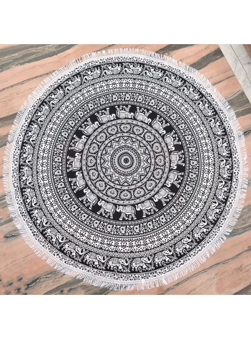 Black Boho Elephant Mandala Roundie Hippie Beach Throw Blanket Beach Towels Yoga Mat Throw Picnic Tapestry 72