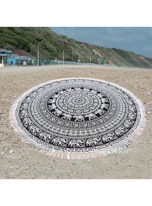 Black Boho Elephant Mandala Roundie Hippie Beach Throw Blanket Beach Towels Yoga Mat Throw Picnic Tapestry 72
