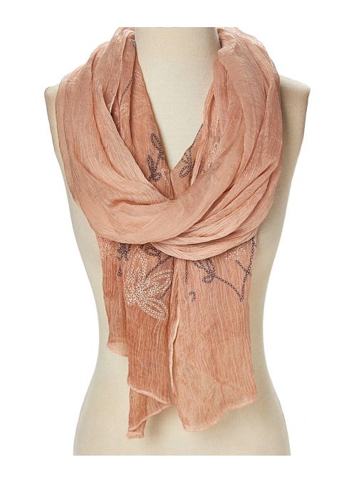 Peach Women Polyester Embroidered Sheer Fashion Soft Scarves
