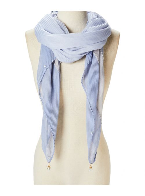 Women Blue Fashion Pearl Scarves Lightweight Long Neck Head Wrap Scarf