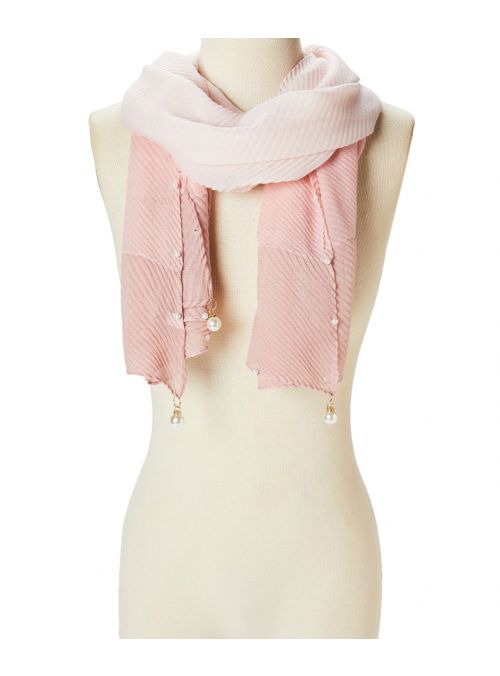Women Pink Fashion Pearl Scarves Lightweight Long Neck Head Wrap Scarf