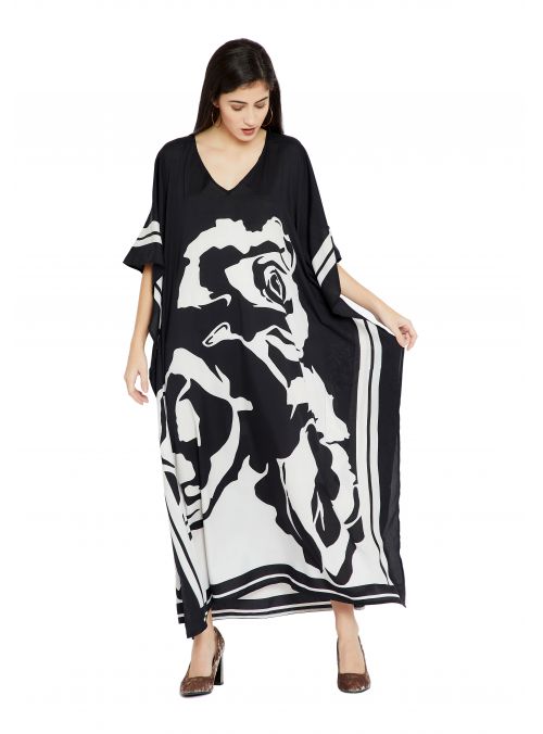 Black & White Floral Design Plus Size Kaftan Dress for Women Full Length Maxi Kimono Online