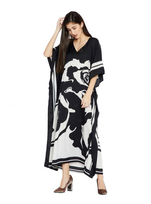 Black & White Floral Design Plus Size Kaftan Dress for Women Full Length Maxi Kimono Online