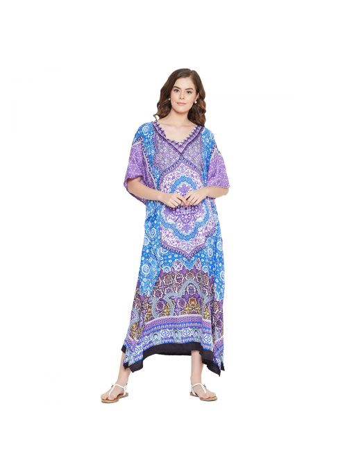 Sky Blue Women Polyester Floral Print Long Maxi Kaftan