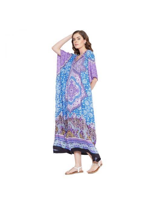 Sky Blue Women Polyester Floral Print Long Maxi Kaftan