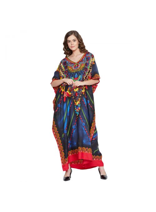 Red & Blue Women Polyester Floral Print Lightweight Long Maxi Kaftan