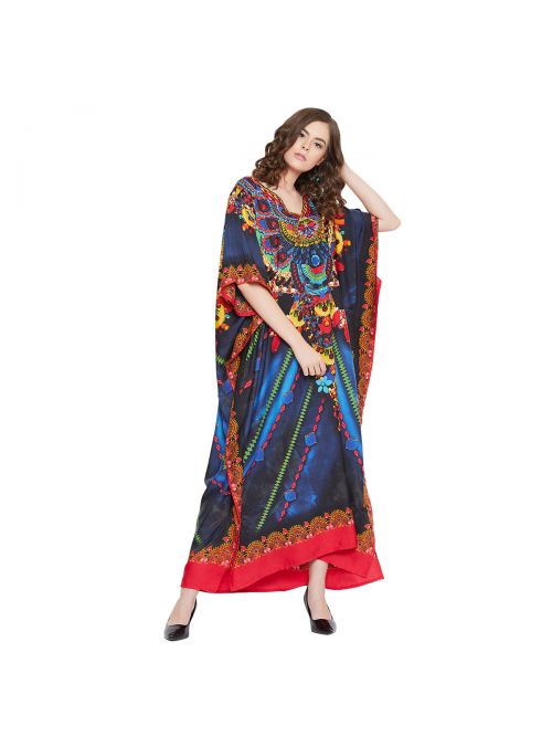 Red & Blue Women Polyester Floral Print Lightweight Long Maxi Kaftan