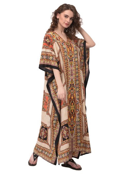 Women Kaftan African Geometric Print Beige Caftan Hippie Style Plus Size Maxi Dress 