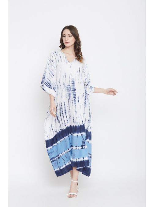 Women Blue Printed Maxi Caftan Evening Gown Beachwear Party kaftan Dress