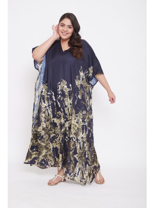 Women Navy Blue Kimono Sleeve Polyester Kaftan