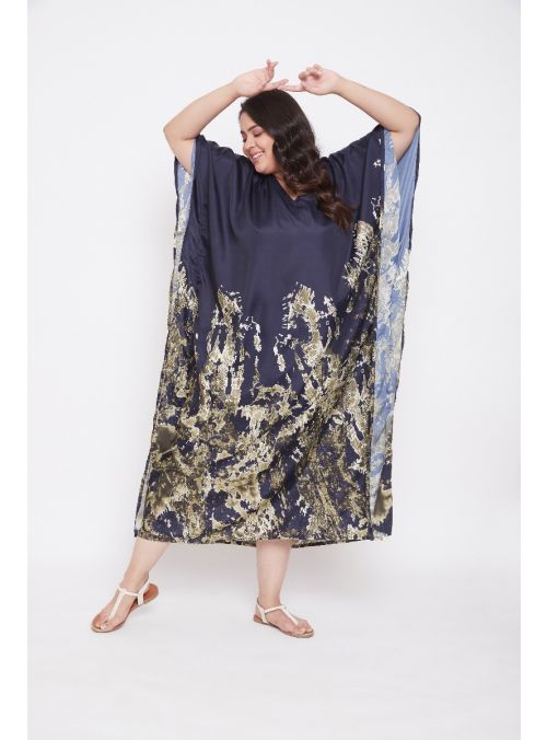 Women Navy Blue Kimono Sleeve Polyester Kaftan