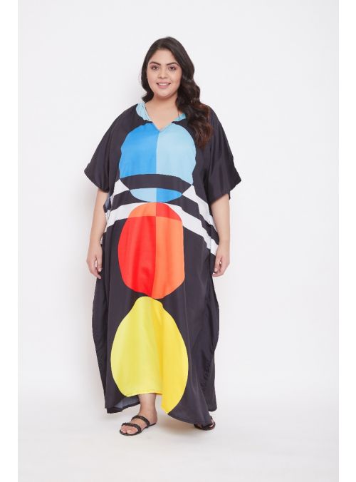 Women Black Geometric Kimono Sleeve Caftan Dress